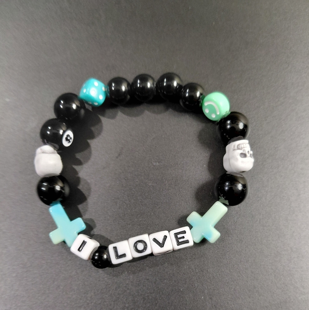 Charming 'I Love' Beaded Bracelet Set - Black and Mint